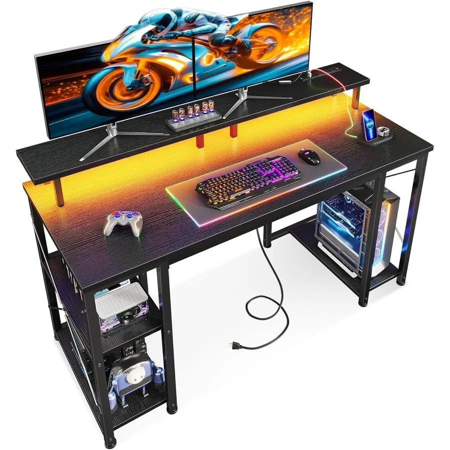 مكتب ألعاب مقاس 48 بوصة مع مكتب كمبيوتر بإضاءة LED مع حامل شاشة وطاولة كمبيوتر مع حامل وحدة المعالجة المركزية باللون الأسود العميق #1