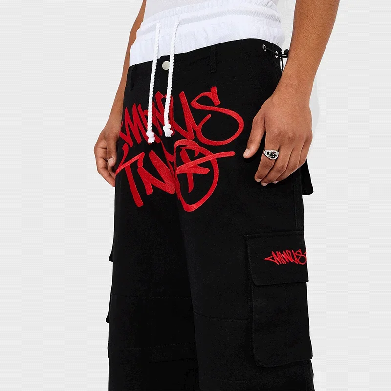 Minus Two High Street Hip Hop Multiple Pockets Cargo Pants For Men Women Casual High Waist Straight Baggy Trousers-Red Minustwo