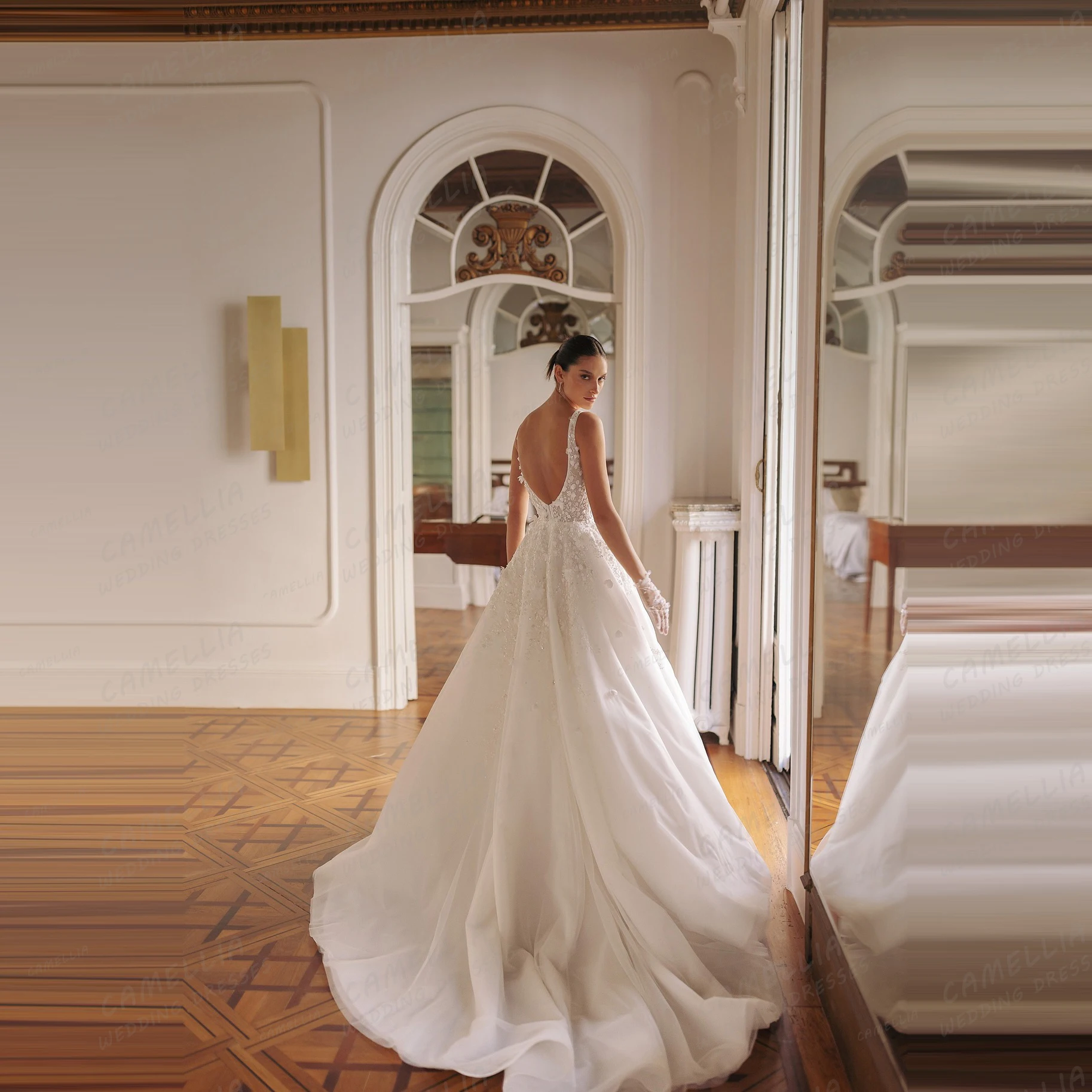 우아한 우아한 웨딩 드레스 여성 라인 긴 소매 아플리케 신부 가운 보트 넥 공식 베스 티드 드 노비아 맞춤형