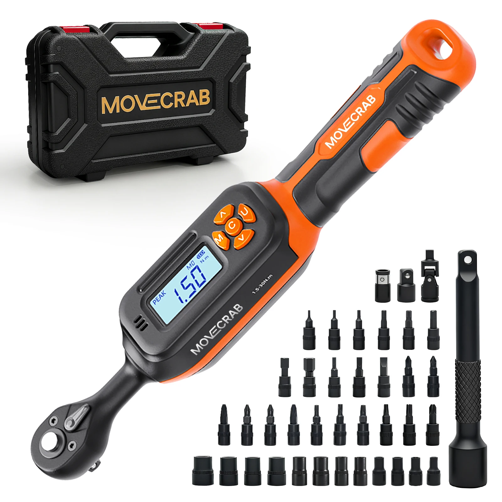 

MOVECRAB 40Pcs Bike Digital Torque Wrench Set, 1/4-Inch Drive 1-22 Ft.lb/1.5-30 N.m with Bits & Sockets for repairing Bike