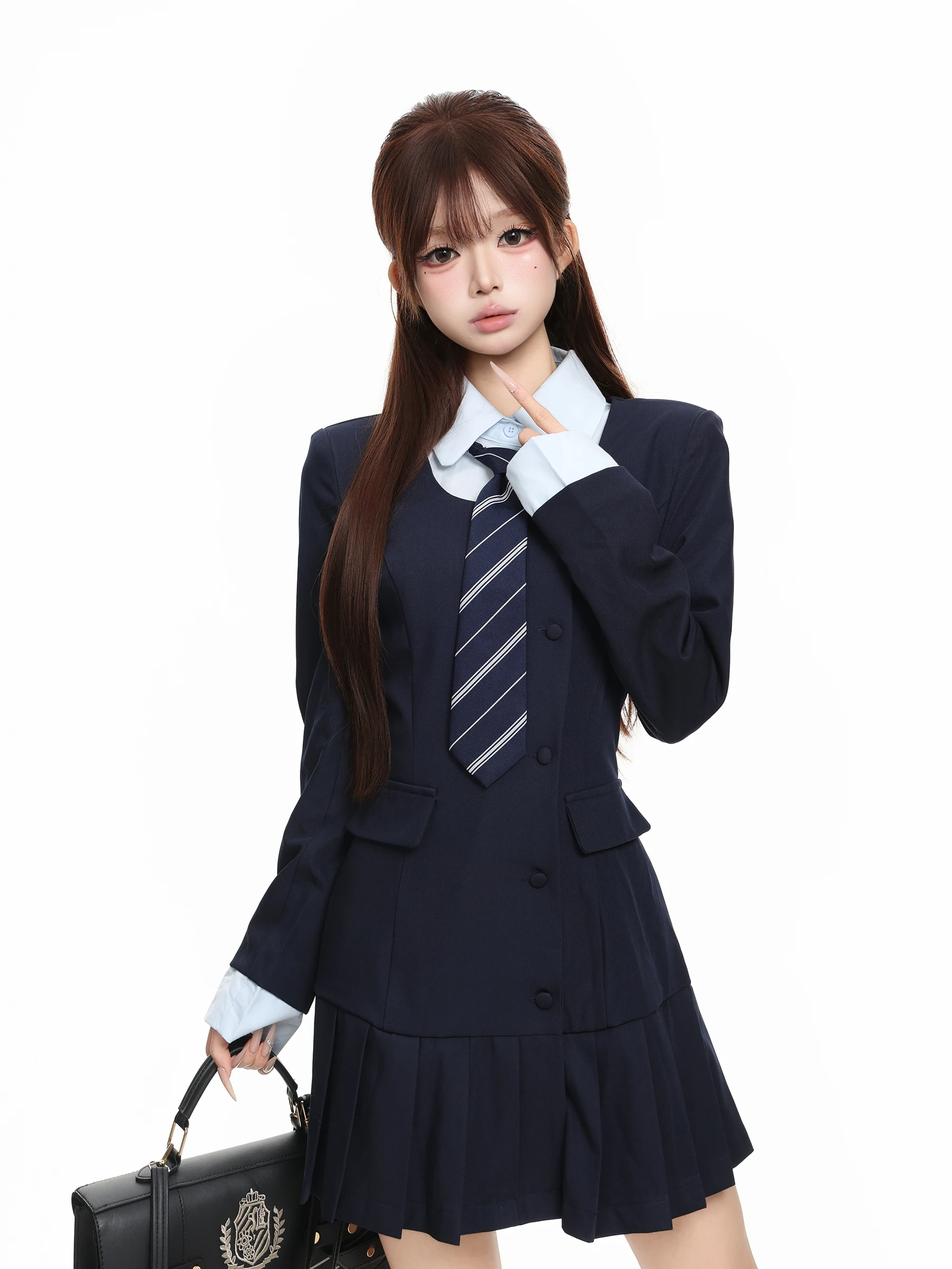 BASTERDS Korean Style College Fashion Fake Two-Piece Turn-down Collar Waist-cinching Dress Women's Slimming Suit Autumn Plaid...