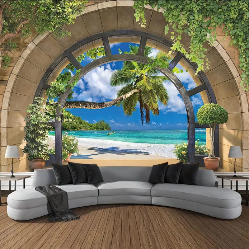 Beach Decorative Tapestry Ocean Sea Tropical Islands Palm Tree Landscapes Summer Tropical Scenery Outside Window