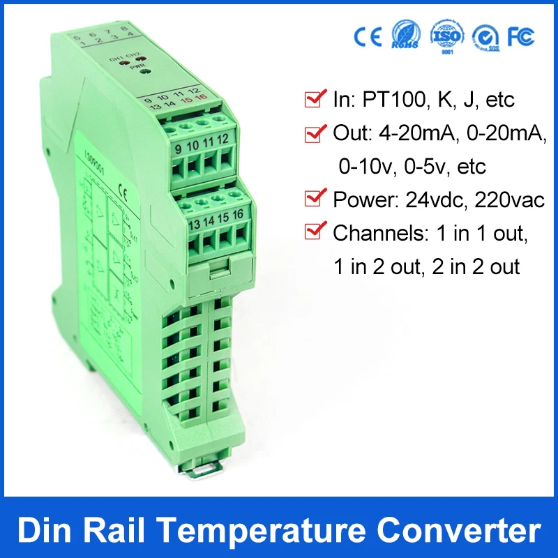 4 20mA PT100 signal isolator Dual channels temperature signal transmitter