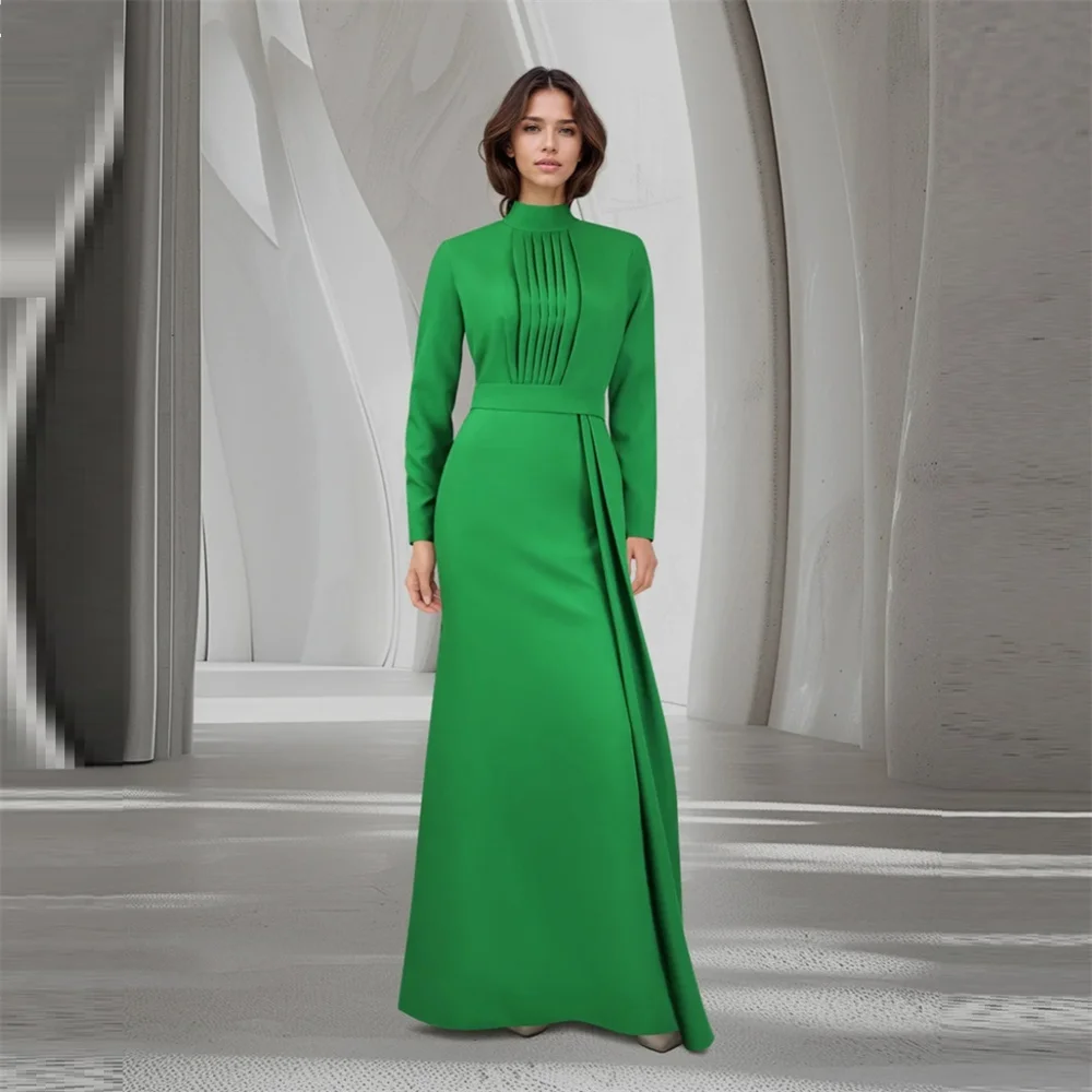 

Customized Evening Dress Formal Saudi Arabia High Collar A-line Floor Length Skirts Fold Draped Ribbon Bespoke Occasion Dresses