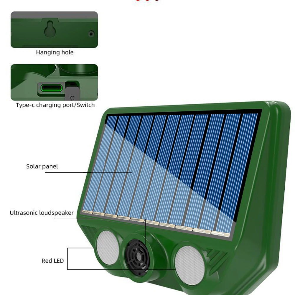 Solar Powered Ultrasonic Animal Repellent USB Charging Waterproof Animal Deterrent Strong LED Flashing for Yard Control Drive