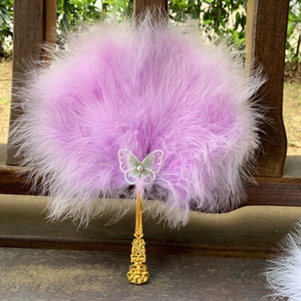 Vintage with Tassels Fairy Feather Fan Colorful Fluffy Craft Fan Photo Prop Foldable Dance Hand Fan