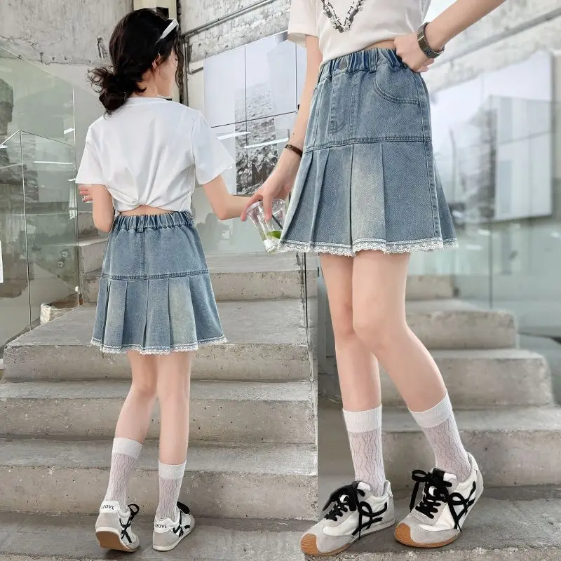 

Girls Denim Pleated Mini Skirt Summer Lightweight Loose Fit Big Kids School Skirt Trendy Versatile Short Skirt for Outdoor Wear