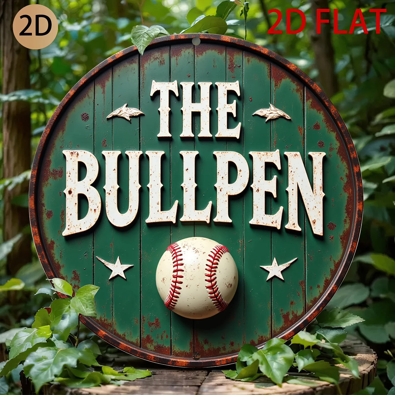 2D Flat - A Vintage-Style Metal Sign Featuring a Circular Baseball Design, Perfect for Decorating a Sports-Themed Space
