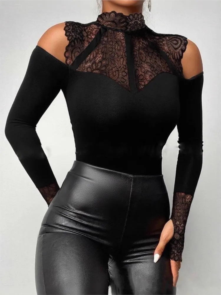 Lace Patchwork T Shirt For Women Sexy Black Long Sleeve Off Shoulder O Neck Slim Tshirts Tops Lady Fashion Holiday High Street