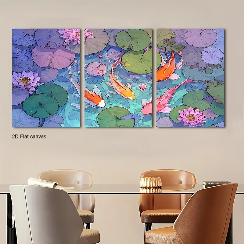 Frameless Canvas 2D Flat, 2D Flat, 2D Flat Set Of Three 2D Flat Canvas Artworks Featuring Lotus And Koi, Framed And Ready Fo