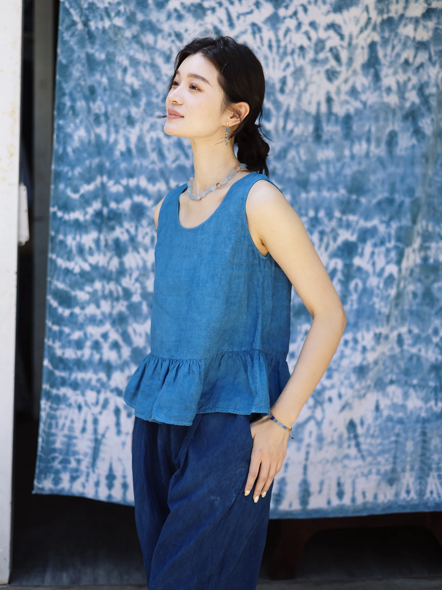 Blue Linen Women's Vest Top Natural Holiday Feel Inner Wear Casual Style round Neck Moisture Wicking Pure Color Daily Wear