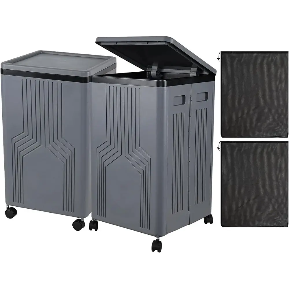 2-Pack 70 L Plastic Laundry Basket with Wheels and Lid, Gray | Tall Dirty Clothes Hamper on Wheels, Suitable or Organizing