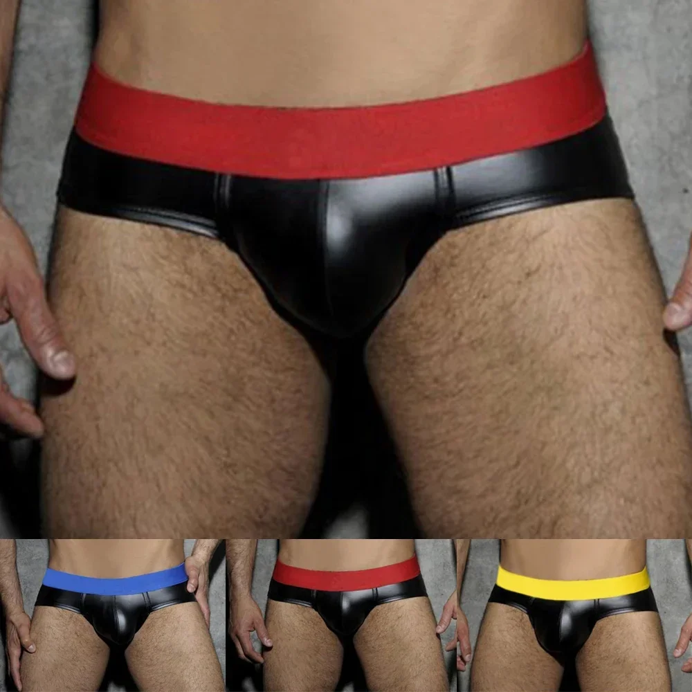 ชุดชั้นในเซ็กซี่ของผู้ชายเอวต่ำกางเกงในเอวต่ำมีสายรัดหนังสังเคราะห์สีตัดกันกางเกงยืดหยุ่นเสื้อผ้าผู้ชาย