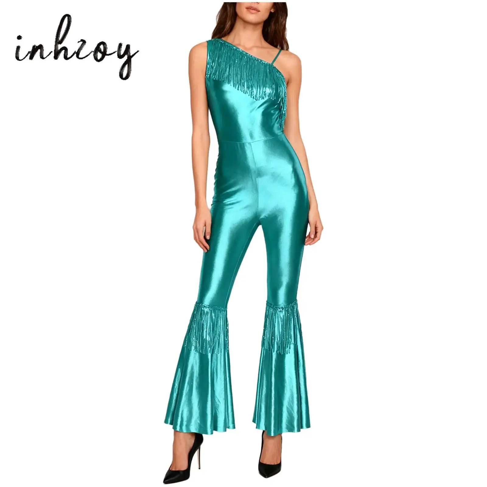 

Womens Vintage 70s 80s Disco Dance Jumpsuit Sequins Tassel Sleeveless Bell Bottom Long Pants Metallic Shiny Rompers for Clubwear
