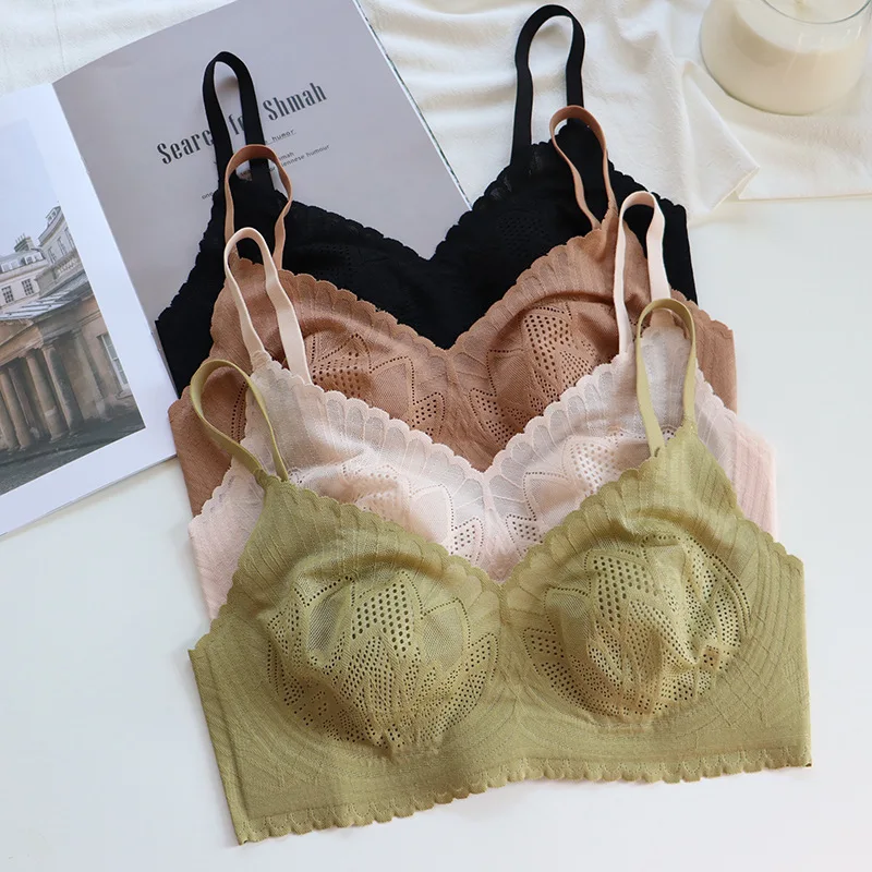 薄いフランスの通気性のある大きな胸、小さい、スチールリングなし、下着、跡なし、ウサギの耳を集める、美しいバックレースbr