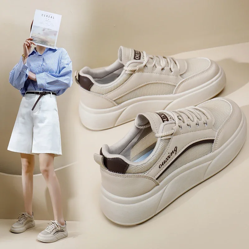 صيف جديد! النسخة الكورية من الأحذية الشبكية المجوفة القابلة للتنفس - لوح كاجوال رياضي سميك ونماط أحذية بيضاء صغيرة