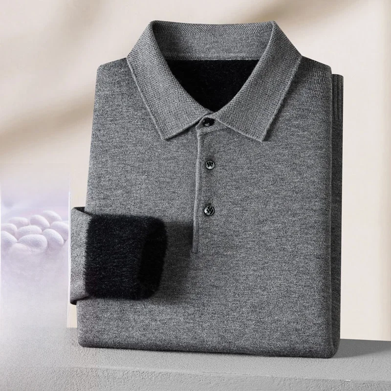 

Winter Thiened Woolen irt for Men Casual Turn-down Collar Fce-lined Dad Clothes Warm Sweater Base Layer Top