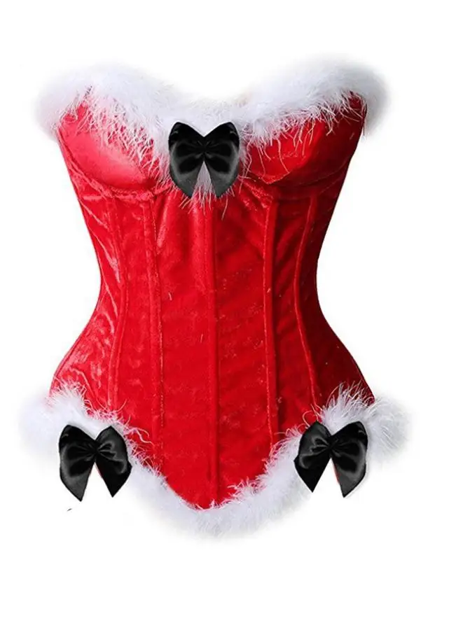 Women Red Christmas Corset Overbust White Artificial Fur  Trim Waist Training Bustier