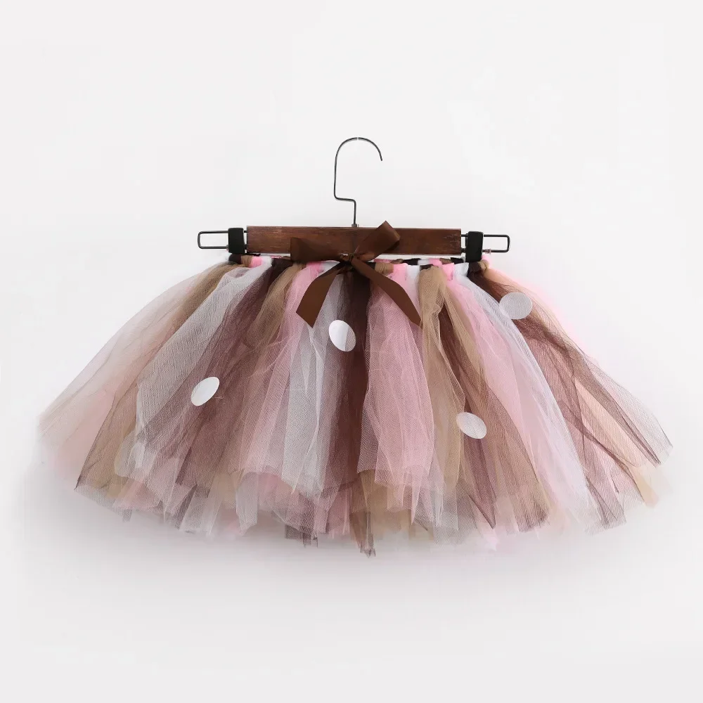 Fluffy Brown Deer Girl Tutu Skirt Christmas Costume Kids Reindeer Tulle Skirt Elk Halloween Carnival Children Skirt 1-8Years