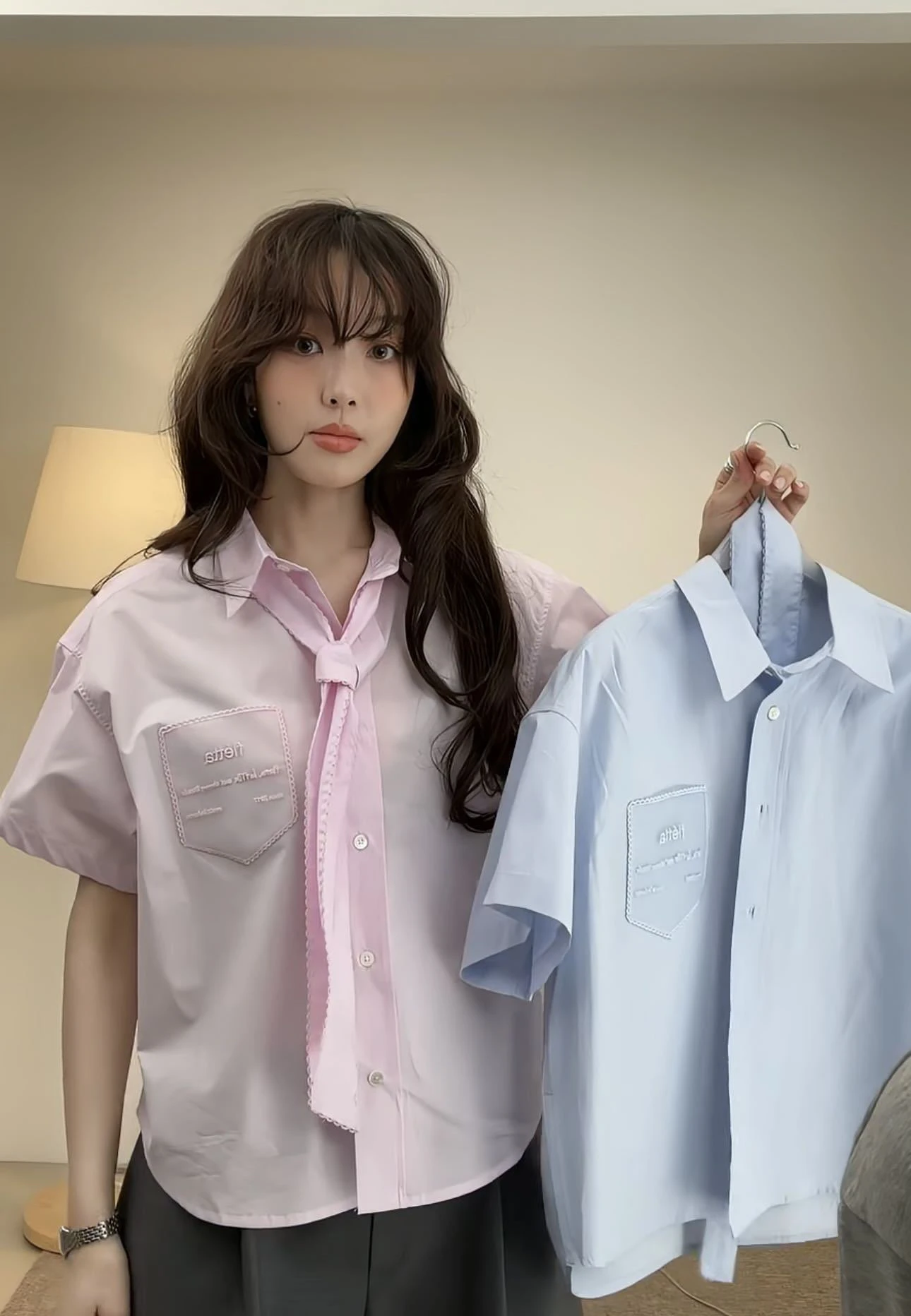 

Casual Fleta ort Sve irt with ket Embroidered Collar Tie Waist Loose Fit Ladies Summer Faion Ne Top