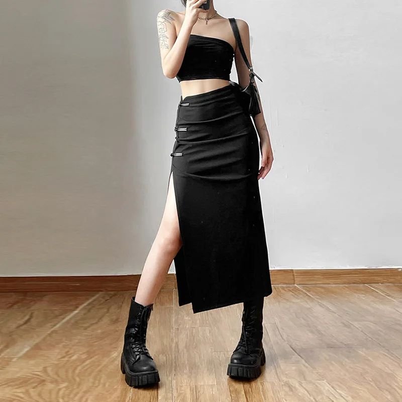 

Black Sexy Long Skirt Split Simple Casual All-Match Hot Street Outing Cool Mature Vitality Personality Trend Basic Women'S Skirt