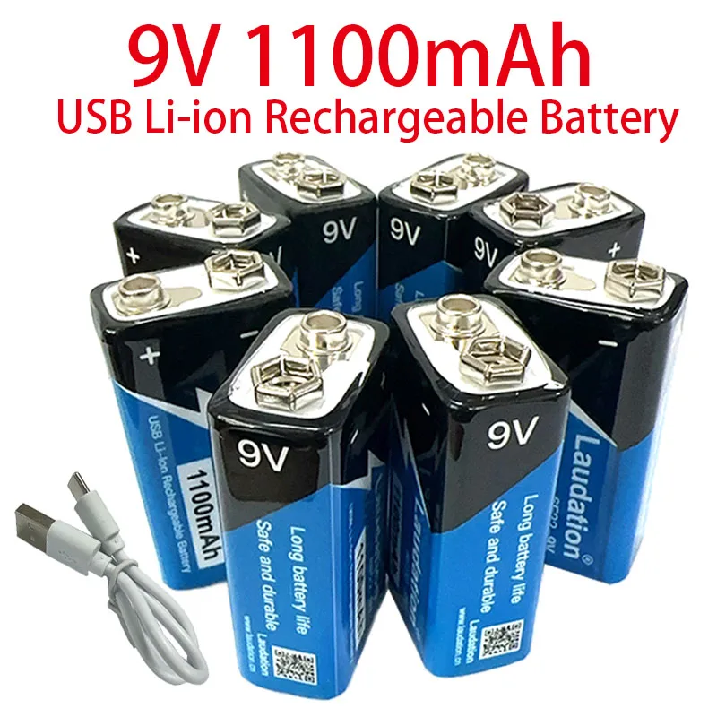 

1-8PC 9V Battery 1100mAh Li-ion Rechargeable Battery Type-C Battery USB Li-ion for Multimeter Microphone Toy +USB Charging Cable