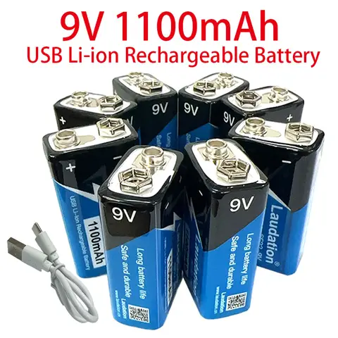 1-8PC 9V Battery 1100mAh Li-ion Rechargeable Battery Type-C Battery USB Li-ion for Multimeter Microphone Toy +USB Charging Cable