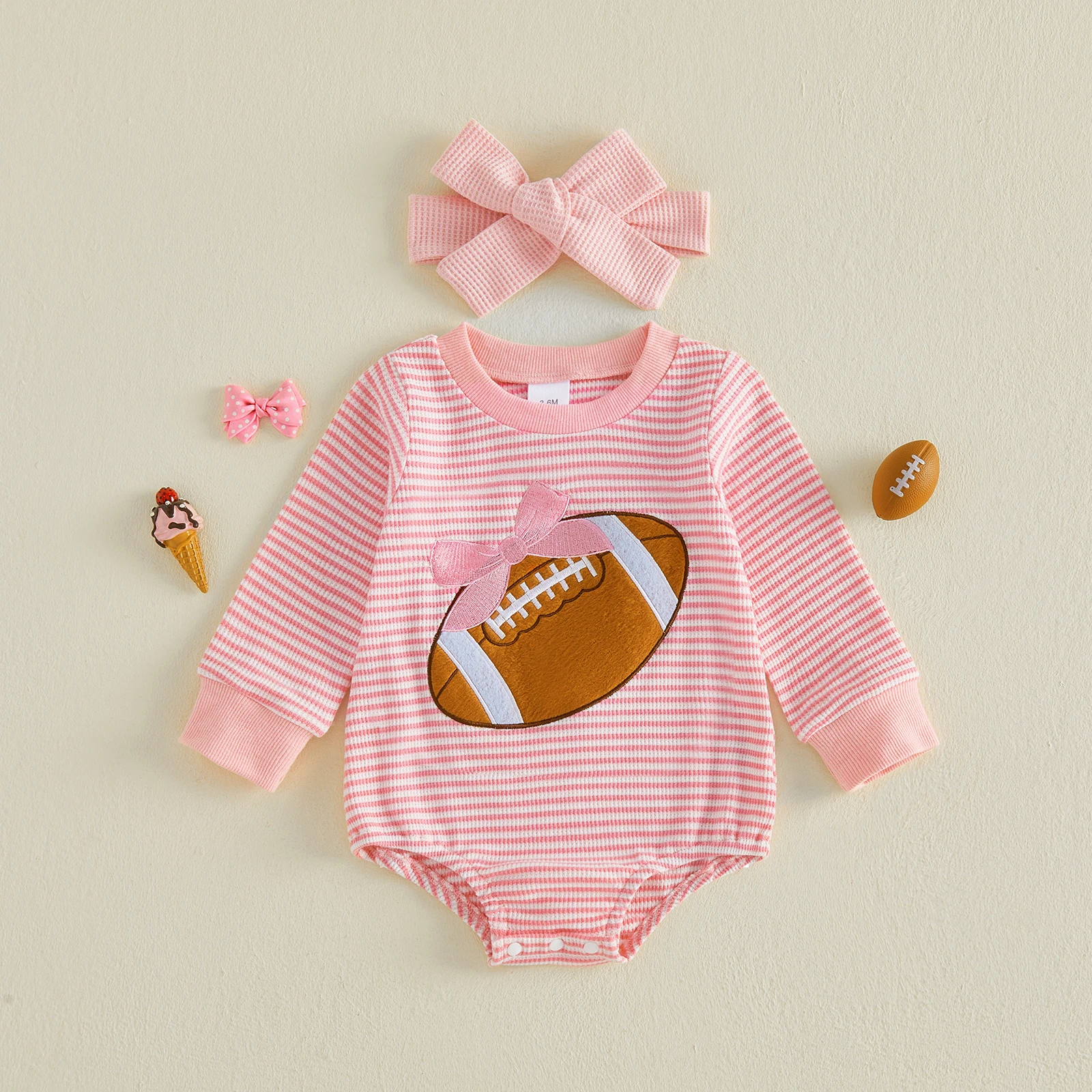 Baby Girl Fall Bodysuits Outfit Striped Bow Football Embroidered Long Sleeve Waffled Sweatshirt Romper Headband 2 Piece Set