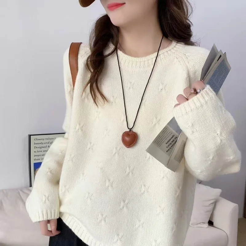 Jersey de cuello redondo con gancho tridimensional que combina con todo, suéter para mujer, ropa de primavera, nuevo suéter de punto suelto, Top