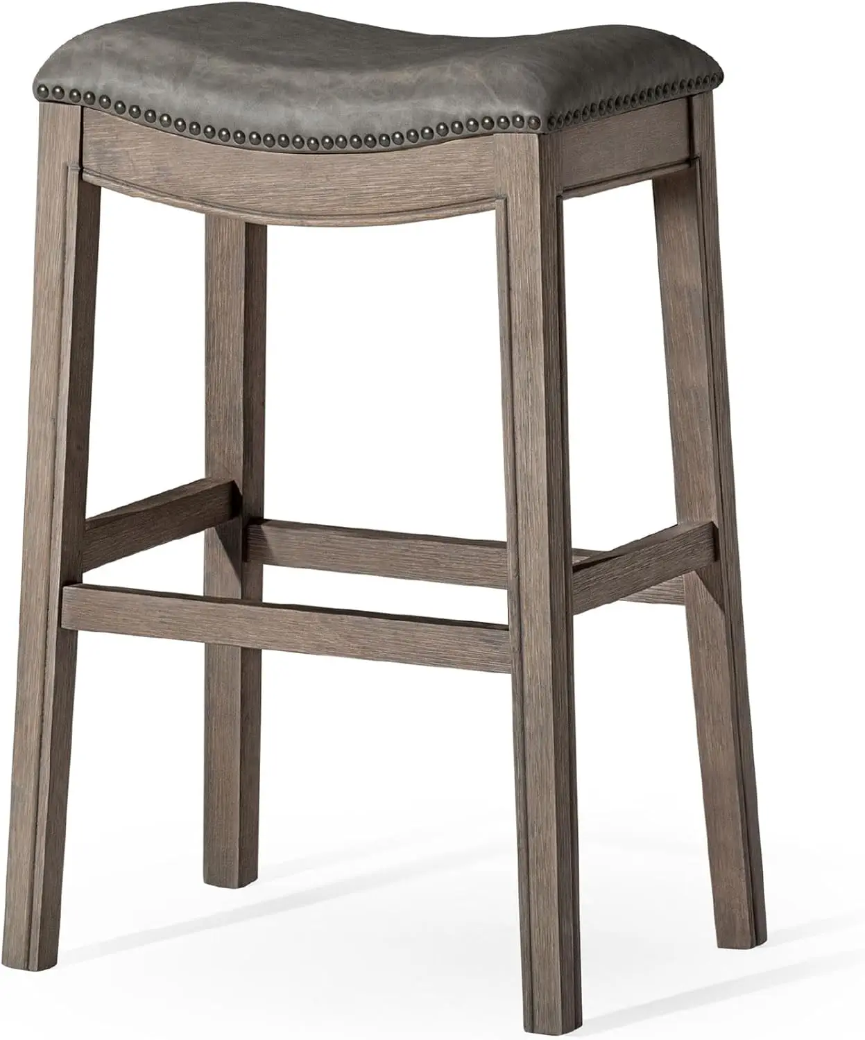 Maven Lane Adrien 31 Inch Bar Height Backless Saddle Barstool in Reclaimed Oak Finish with Ronan Stone Vegan Leather Cushion