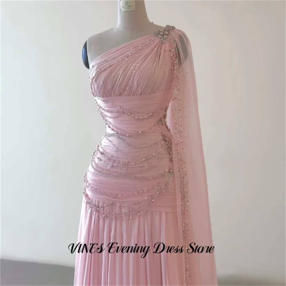 VINES Pink Evening Dresses One Shoulder Formal Dresses with Beaded Chain Prom Gown Pleated Chiffon robes du soir Customized image 2