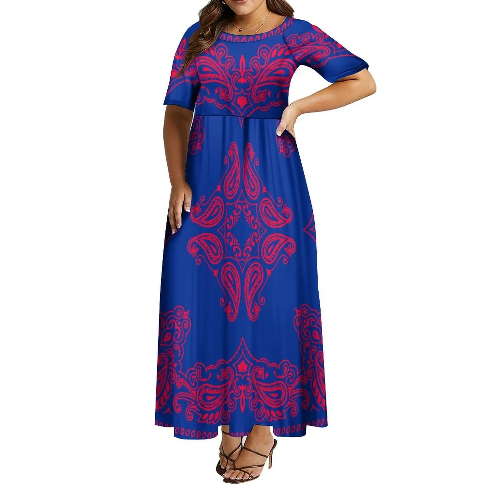 

The Newly Designed Bandana Round-Neck Fashion Feature Artistic Print Custom Pattern Elegant Short-Sleeved Dress For Women
