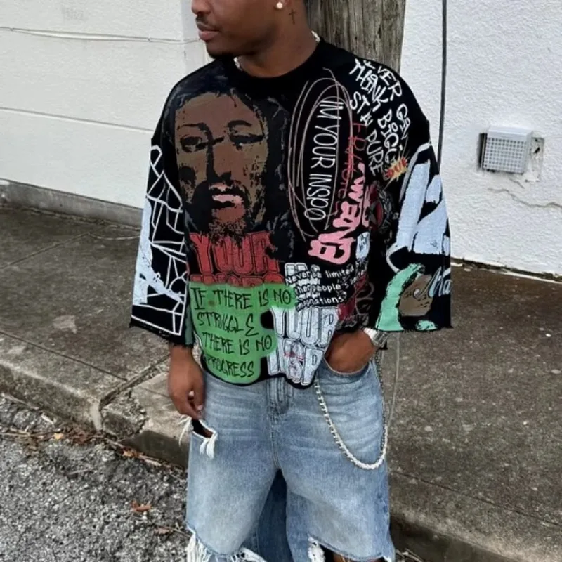 

American Gothic Cartoon Pattern Printed Oversized T-shirt Men's Y2K Street Hip Hop Loose Round Neck Hooded Middle Top