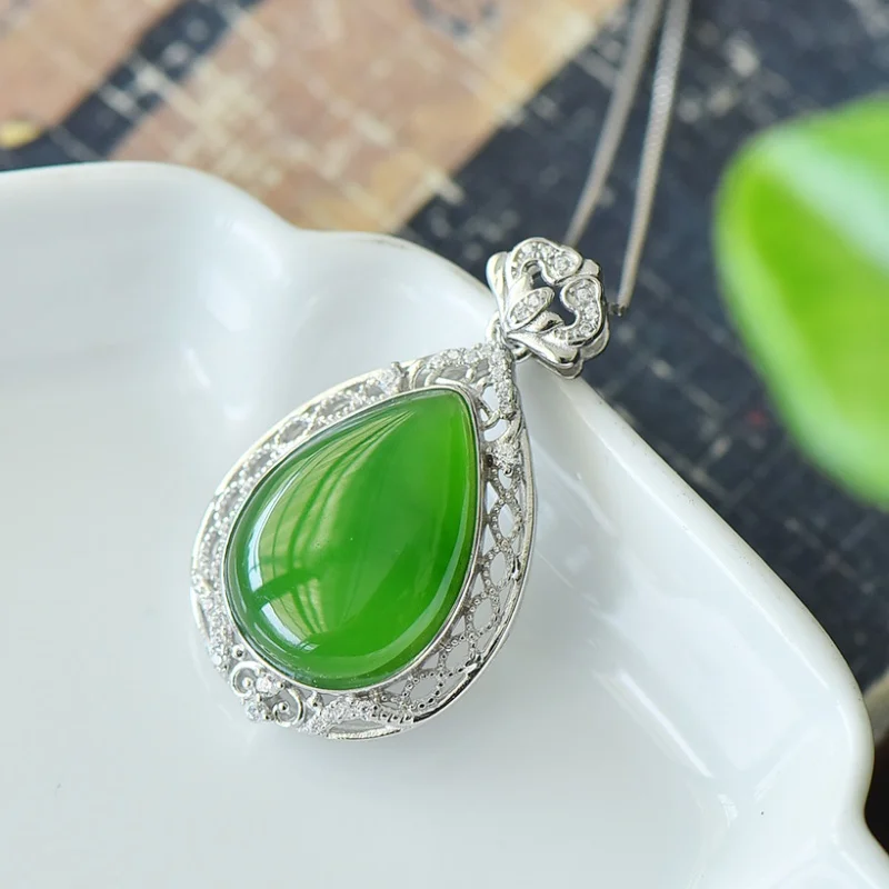 SGARIT Authentic Jadeite Hetian Jade S925 Silver Inlay 19*32mm Waterdrop Pendant Vibrant Green Fine Texture Fashion Versatile