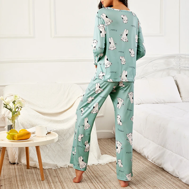 Set pigiama primaverile per donna pigiama morbido e confortevole Cute Cat Printed Sleepwear top a maniche lunghe con pantaloni Lady Pjs Set