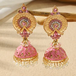 Bohemian Retro Pink Rhinestone Round Geometric Earrings Women Ethnic Long Enamel Bell Tassel Dangle Earrings Indian Big Jewelry