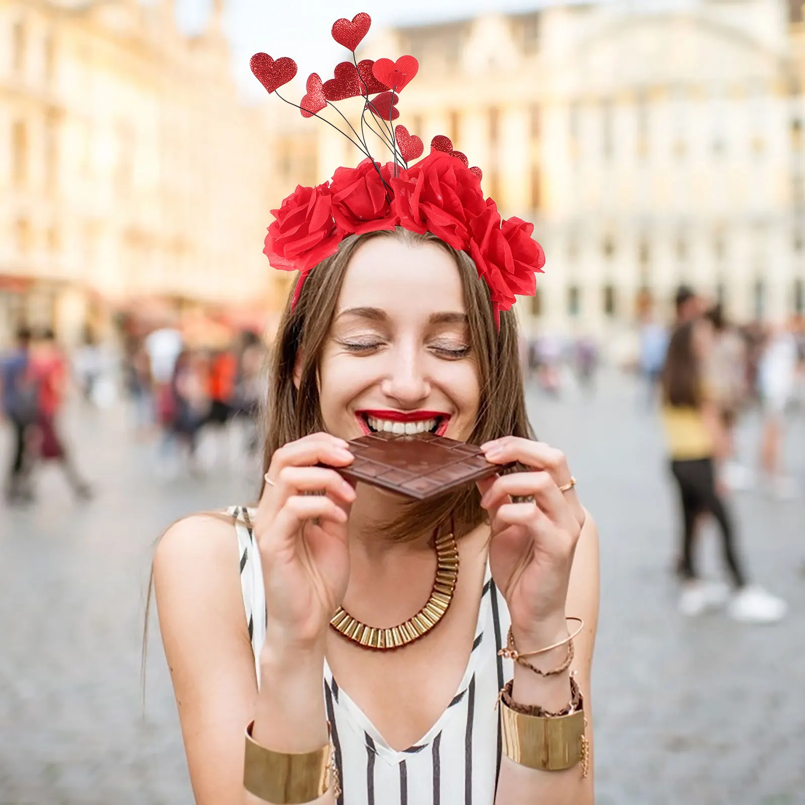 

Heart Shaped Headb Red Flower Hoops Valentines Day Accessories Durable Material Photo Prop Gift Valentine Headdress