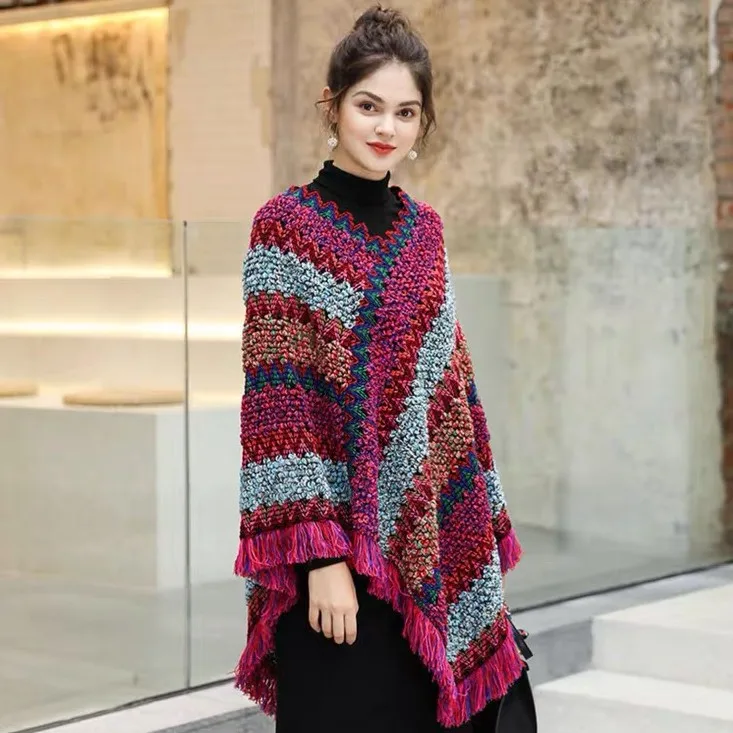 Fashion Striped Tassel Poncho Knitting Cotton Shawl For Woman Ethnic Scarf Ladies Autumn Keep Warm Travel Shawls 65*70cm