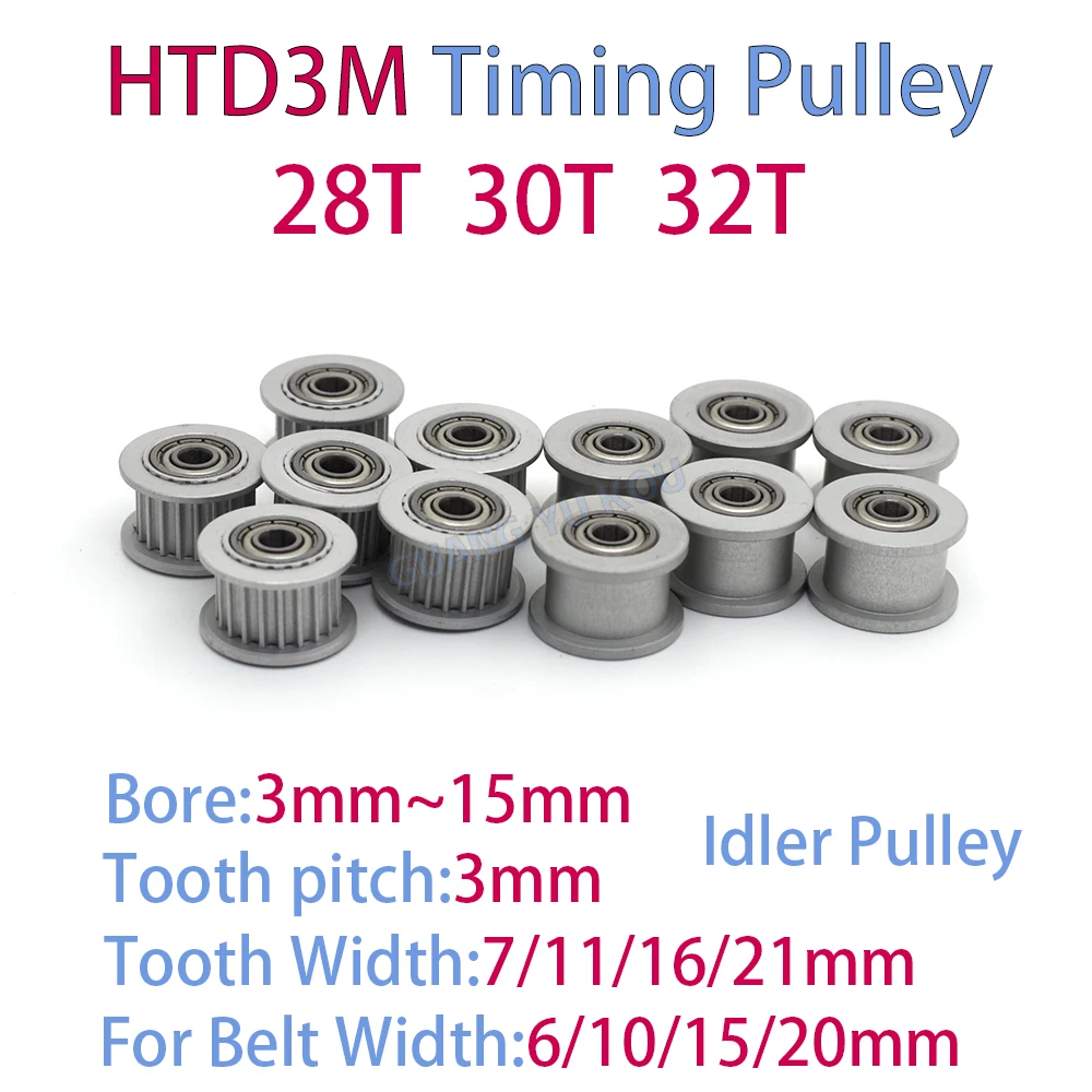 HTD 3M 28 Teeth 30 Teeth 32 Teeth Idler Timing Pulley Bore 3mm~15mm Belt Width 6/10/15/20mm HTD3M Synchronous Wheel Idler Pulley