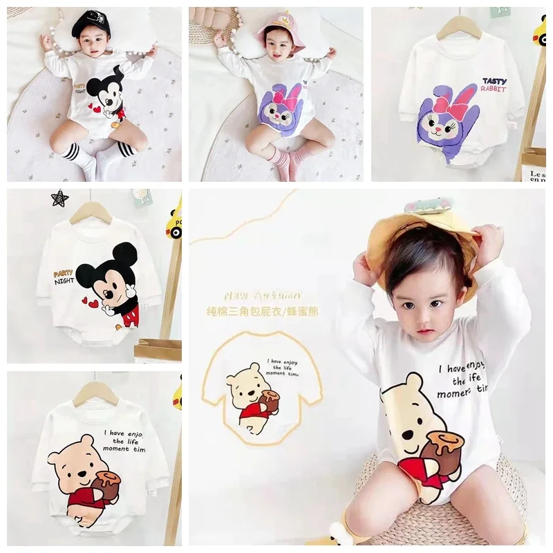 Spring Newborn Baby Boy Romper Cartoon Mickey StellaLou Pooh Print Infant Girl Jumpsuit Cotton Bodysuit Kid Outfit Clothes 0-36M