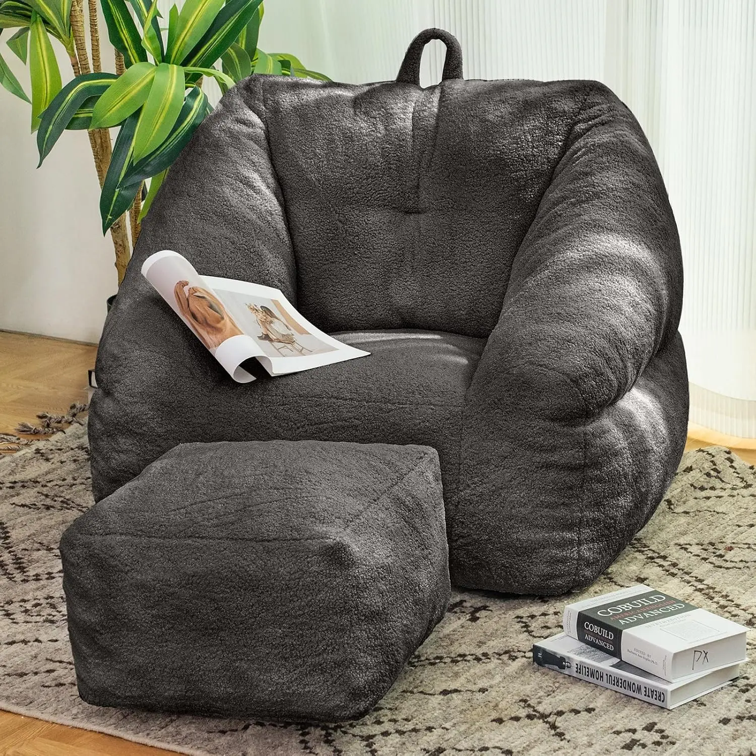 Bean Bag Chair For Adult, Teddy Upholstered Bean Bag Sofa With Large Footrest, Stuffed Beanbag Sofa Chair With Pull-Ring, Comfy