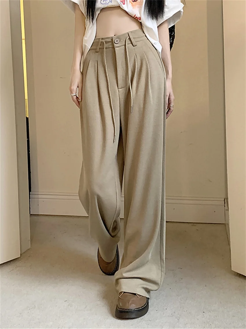 

PLAMTEE 2023 Autumn High Waist Trousers Chic Women Casual Wide Leg Solid Mopping Pants Work Wear Minimalist Straight Loose OL