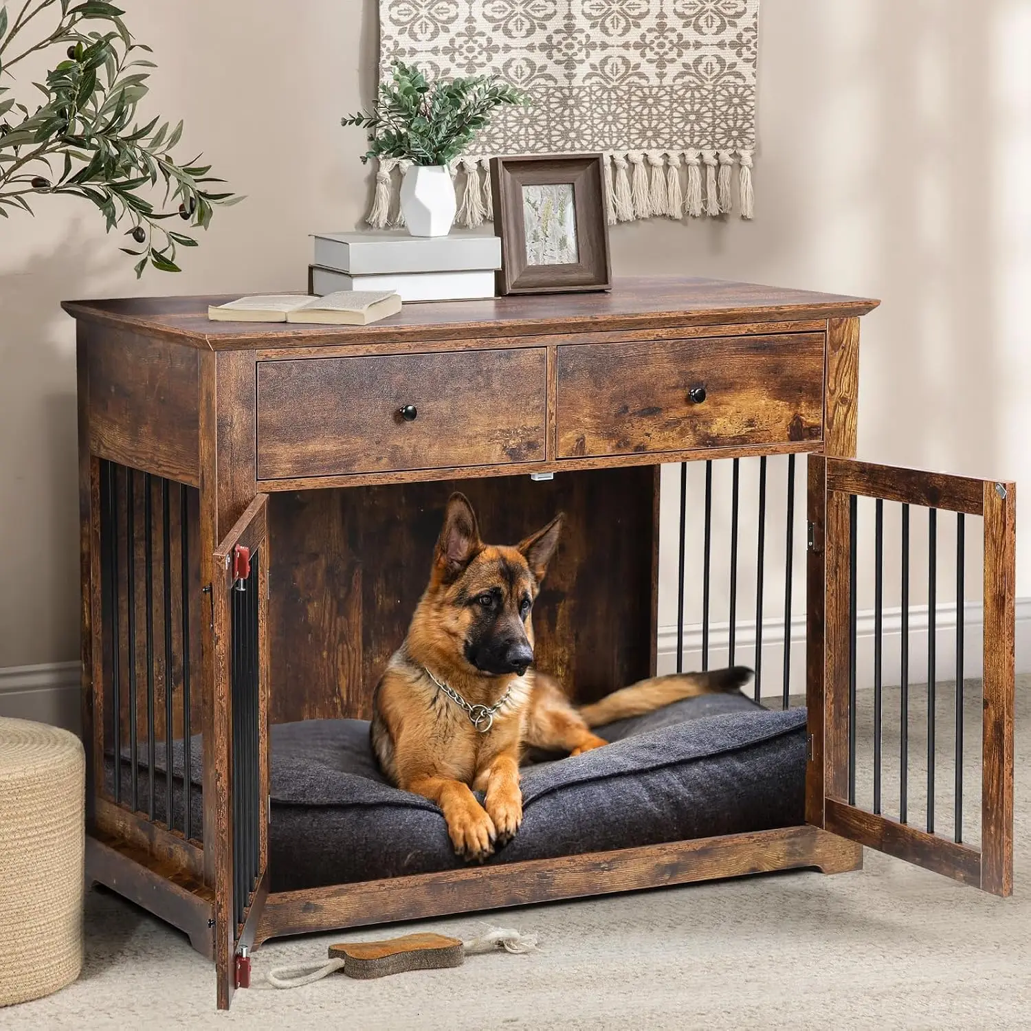 

LEMBERI 44 Inch Large Dog Crate Furniture, Indoor Dog Kennel with Storage Drawers, Decorative Pet Crates End Table Dog House,