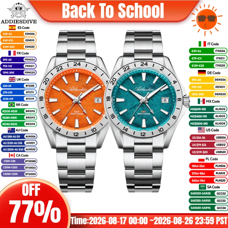 ADDIESDIVE GMT Quarzuhren AD2548 Saphirglas BGW9 Leuchtende Herrenuhr 200 m wasserdicht Schweizer Ronda 515-24H Uhr für Herren