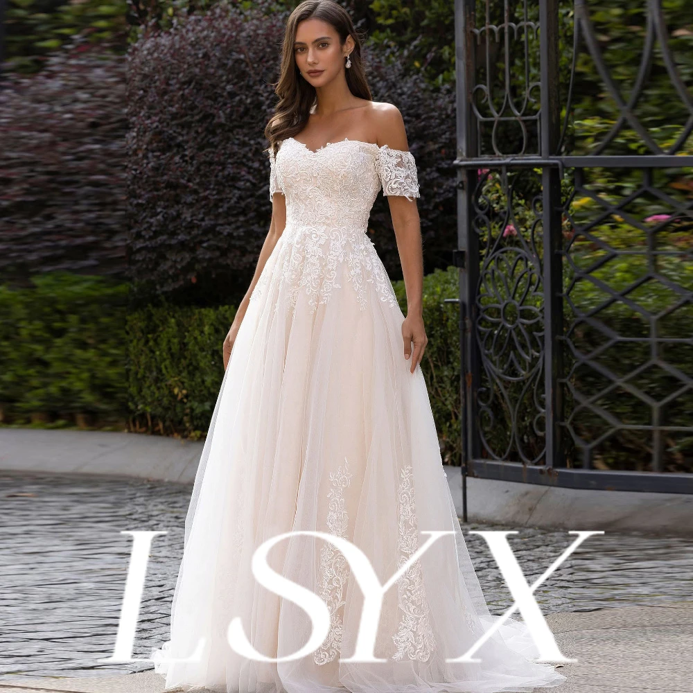 LSYX personnalisé épaules dénudées manches courtes Tulle robe de bal robe de mariée dentelleAppliques décolleté en coeur longueur au sol robe de mariée