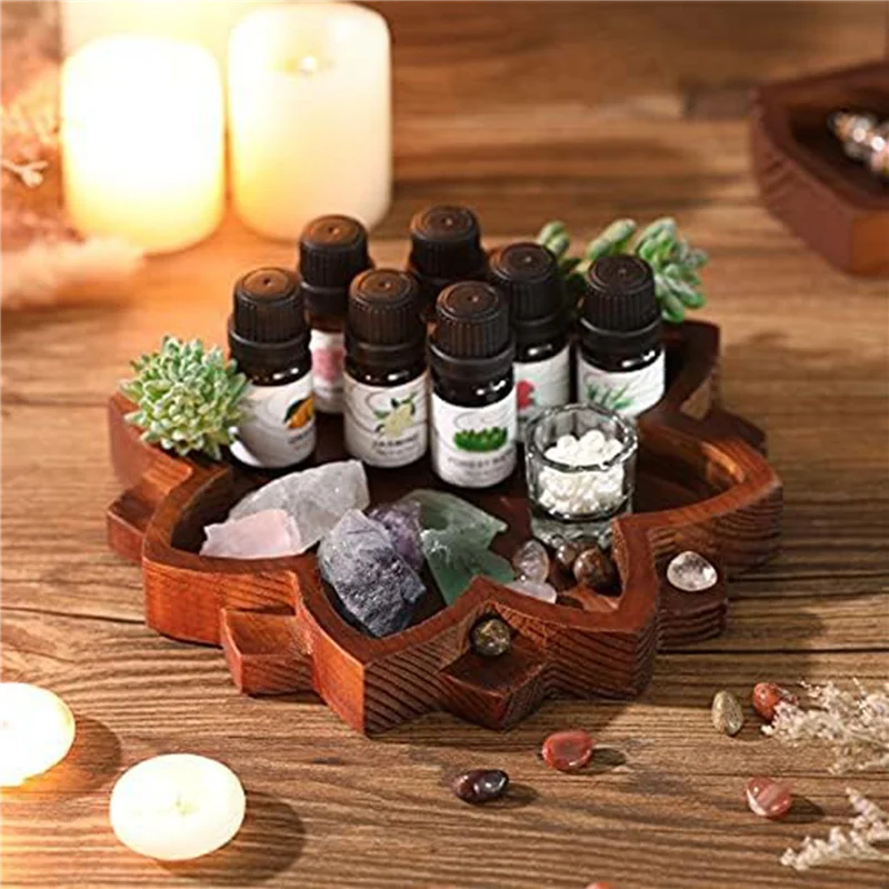

ABHB-6X Lotus Crystal Tray Wooden Lotus Shape Crystal Display Tray Retro Jewelry Essential Oil Crystal Storage Box