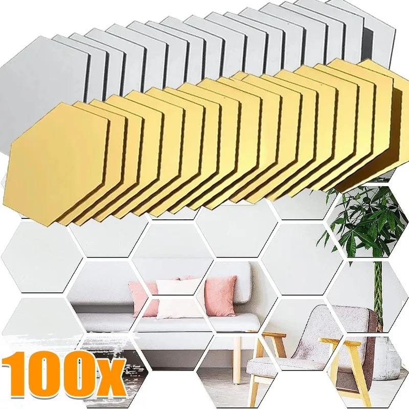 Wholesale Self Adhesive Acrylic Hexagon Mirror Wall Stickers Solid Paster Ornaments DIY Tile Decals Living Room Art Decoration