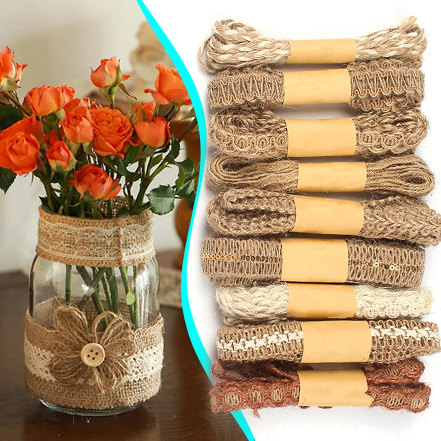 9pcs Multi‑style Burlap Lace Trimming Strap, Retro Fiber Woven Ribbon, Decorative Cord for Holiday Gift Packing, Party Decor XJM