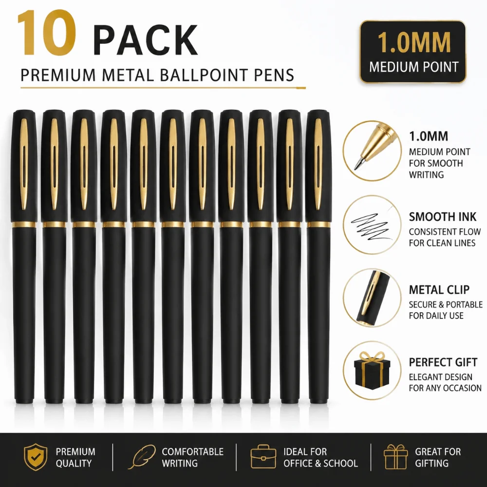 

10pcs Luxury Black Ink Gel Pens 1.0mm Tip Student Stationery Black Gel Pens Large Capacity Signature Pen Refills Business Office