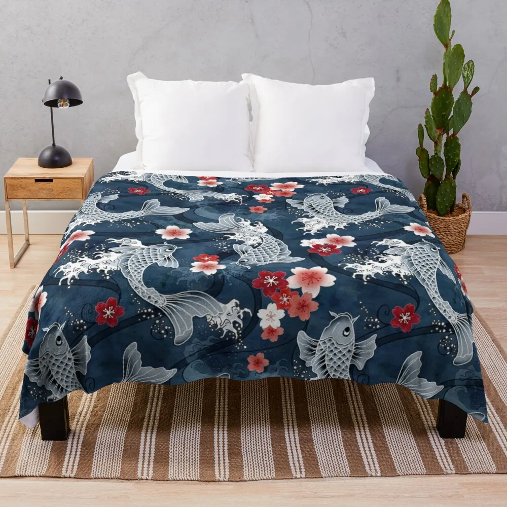 

Koi sakura blossom in blue Throw Blanket Luxury Decoratives Blankets